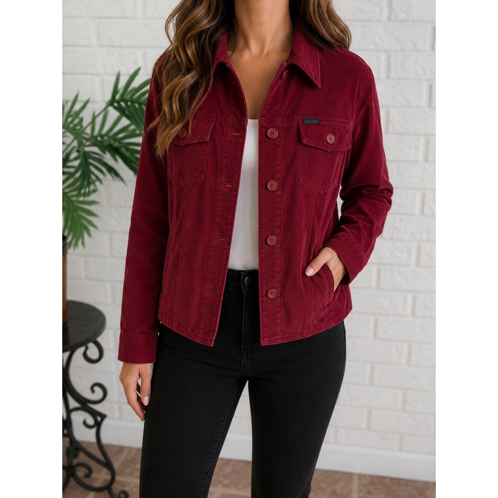 Façonnable Corduroy Jacket Womens Large Red Excellent Button Front Trucker Style